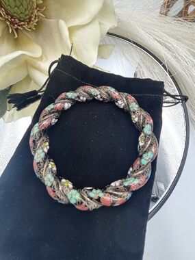 Vintage Cloisonne Enamel Floral Twist Bangle Bracelet - Turquoise & Coral